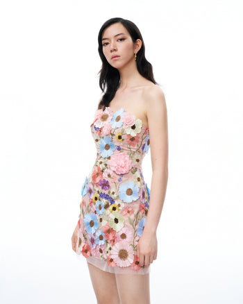 Robe courte brodée à fleurs Odalys – Multicolore pastel