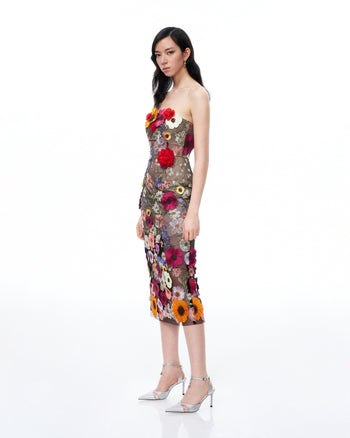 Robe maxi brodée à fleurs 3D Isolde – Noir multicolore