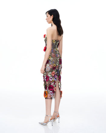 Robe maxi brodée à fleurs 3D Isolde – Noir multicolore