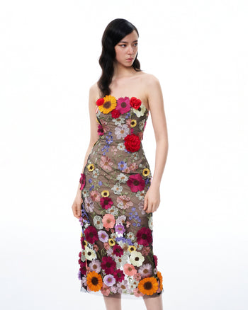 Robe maxi brodée à fleurs 3D Isolde – Noir multicolore