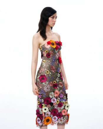 Robe maxi brodée à fleurs 3D Isolde – Noir multicolore