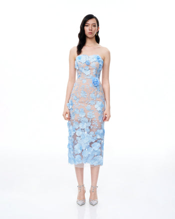 Robe maxi brodée à fleurs 3D Evander – Bleu
