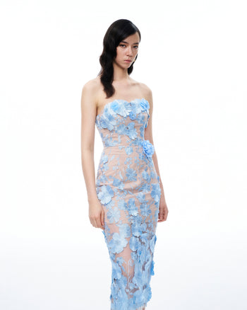 Robe maxi brodée à fleurs 3D Evander – Bleu
