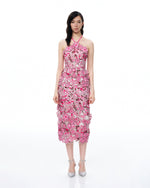 Robe longue dos nu brodée à fleurs Fiora – Rouge rosé