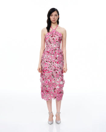 Robe longue dos nu brodée à fleurs Fiora – Rouge rosé