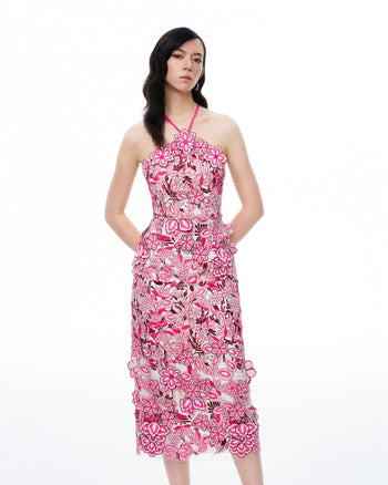 Robe longue dos nu brodée à fleurs Fiora – Rouge rosé