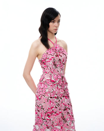 Robe longue dos nu brodée à fleurs Fiora – Rouge rosé