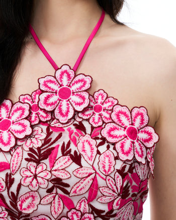 Robe longue dos nu brodée à fleurs Fiora – Rouge rosé