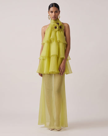 Poppy Robe longue à volants superposés et dos nu brodé - Vert citron