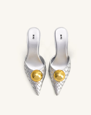 Sofia Mules à Talon Sphérique Tissé - Argent & Or