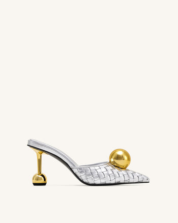Sofia Mules à Talon Sphérique Tissé - Argent & Or