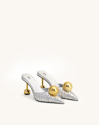 Sofia Mules à Talon Sphérique Tissé - Argent & Or