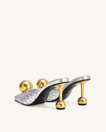 Sofia Mules à Talon Sphérique Tissé - Argent & Or