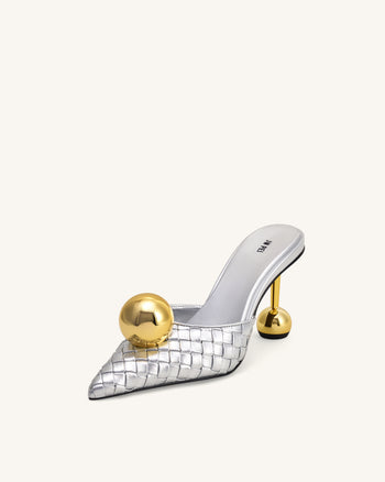Sofia Mules à Talon Sphérique Tissé - Argent & Or