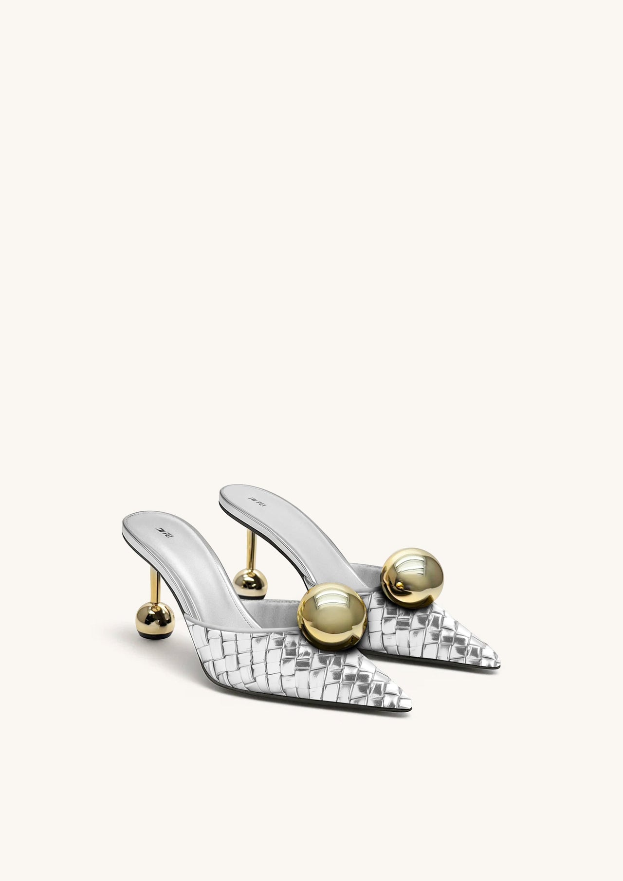 Sofia Mules à Talon Sphérique Tissé - Argent & Or