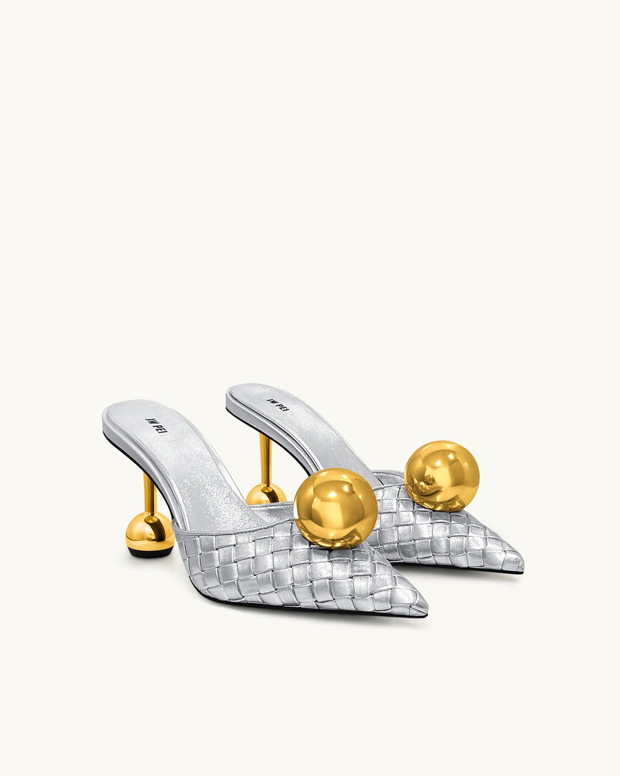 Sofia Mules à Talon Sphérique Tissé - Argent & Or
