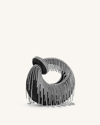 Sac à main mini en satin artificiel avec poignée supérieure en cristal - Noir