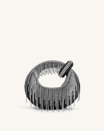 Sac à main mini en satin artificiel avec poignée supérieure en cristal - Noir