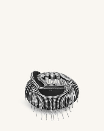 Sac à main mini en satin artificiel avec poignée supérieure en cristal - Noir