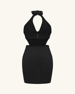 Robe mini Gabriella ceinturée à découpes avec col halter – Noir