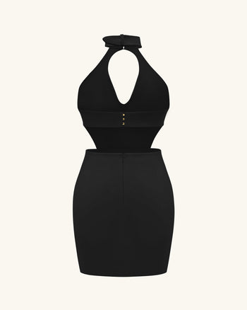 Robe mini Gabriella ceinturée à découpes avec col halter – Noir