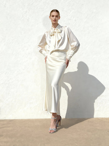 Blouse à manches ballon et lien à nouer – Blanc