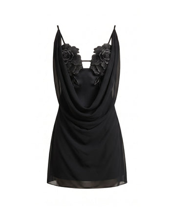 Mini-robe à col bénitier et fleurs brodées - Noir