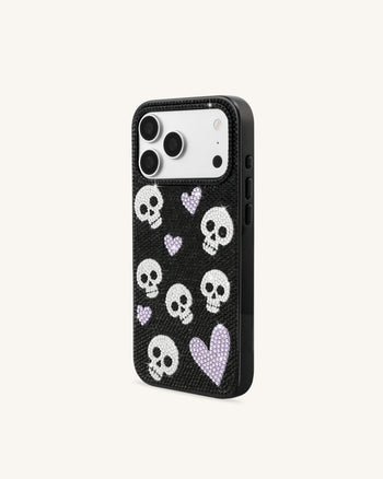 Coque de téléphone strass cœur et tête de mort - Noir