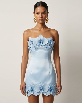 Mini-robe bustier à garniture orchidée - Bleu