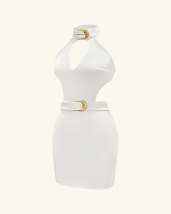 Robe Mini Gabriella à Découpes, Ceinturée, à Col Halter – Ivoire