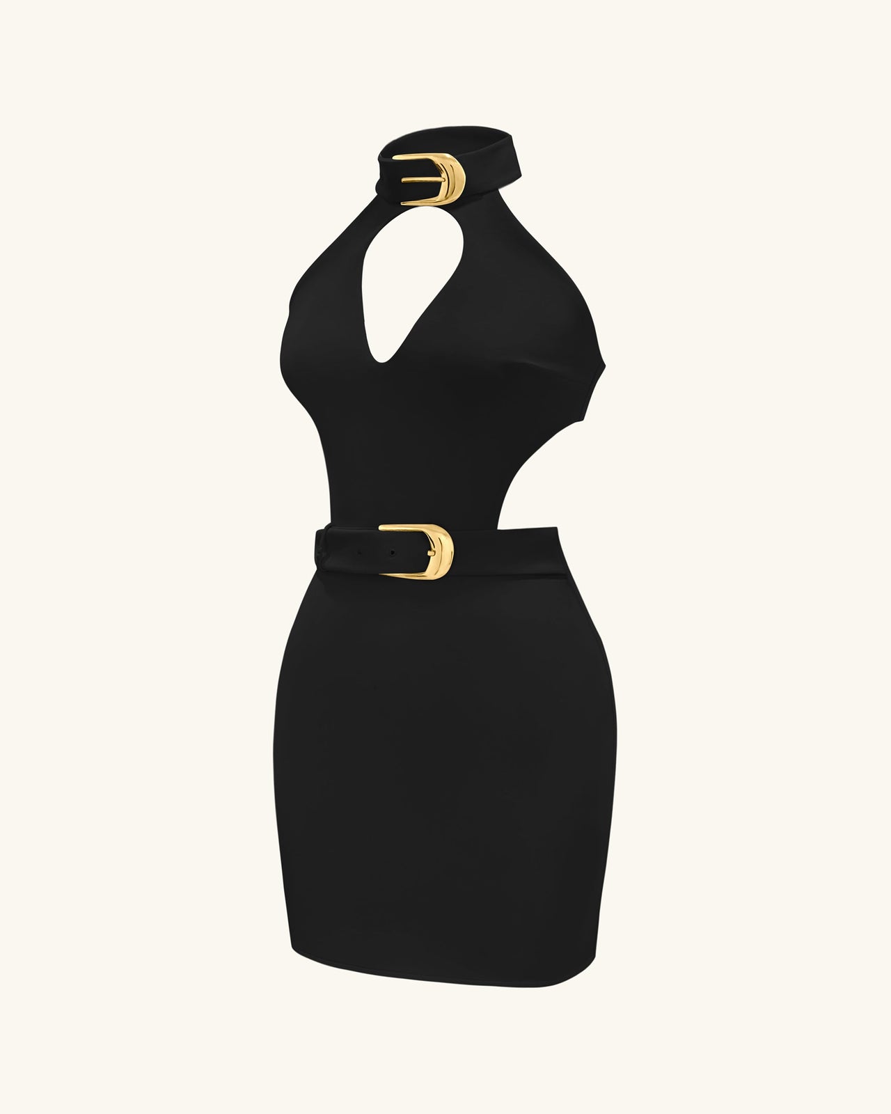 Robe mini Gabriella ceinturée à découpes avec col halter – Noir
