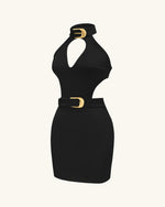 Robe mini Gabriella ceinturée à découpes avec col halter – Noir