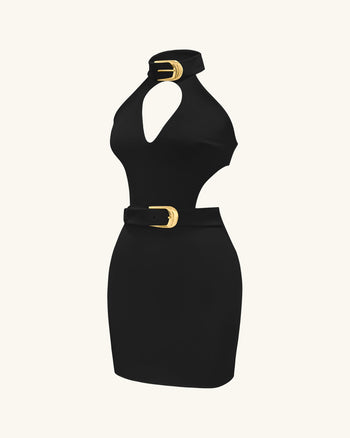 Robe mini Gabriella ceinturée à découpes avec col halter – Noir