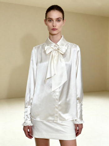 Blouse à manches ballon et lien à nouer – Blanc