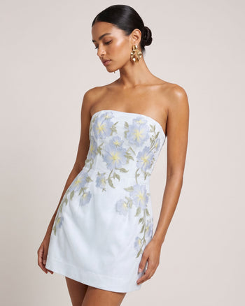 Robe courte corset bustier à broderies florales - Bleu clair