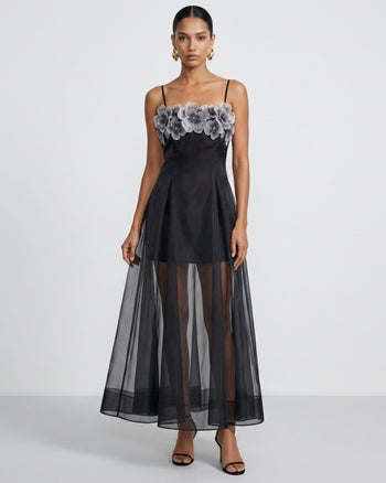 Robe longue superposée transparente à broderies florales - Noir