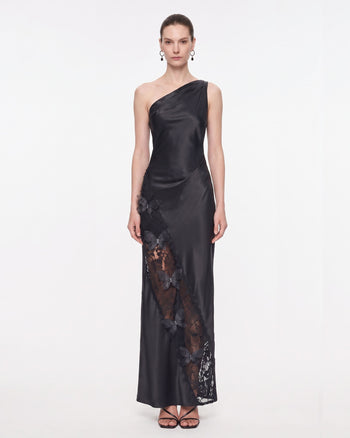 Robe longue en satin asymétrique à une épaule avec empiècement en dentelle - Noir