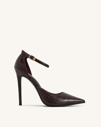 Sandales à talons Leah avec bride à la cheville et effet croco – Bordeaux