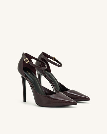 Sandales à talons Leah avec bride à la cheville et effet croco – Bordeaux