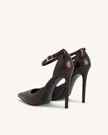 Sandales à talons Leah avec bride à la cheville et effet croco – Bordeaux