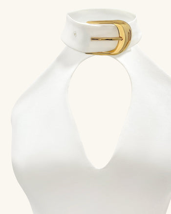 Robe Mini Gabriella à Découpes, Ceinturée, à Col Halter – Ivoire