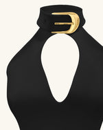 Robe mini Gabriella ceinturée à découpes avec col halter – Noir