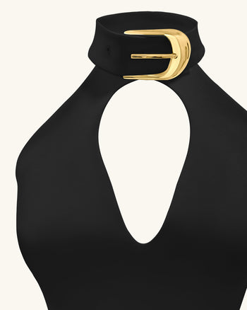 Robe mini Gabriella ceinturée à découpes avec col halter – Noir