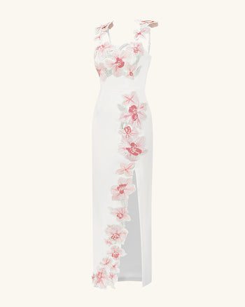 Robe brodée de fleurs - Blanc/Rose
