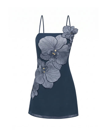 Mini-robe à application d'orchidée - Bleu foncé