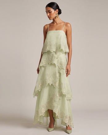Robe longue superposée brodée d'orchidées - Vert clair