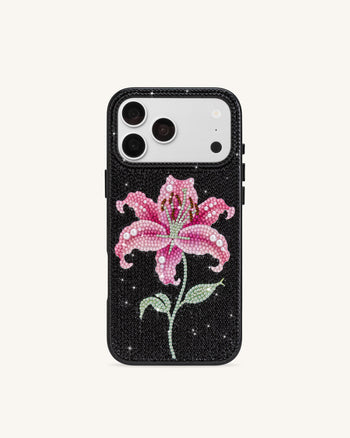 Coque de téléphone lys rose en cristaux artificiels - Noir