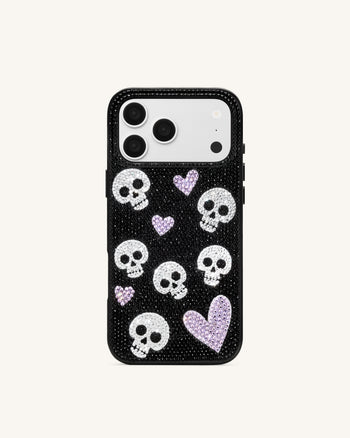 Coque de téléphone strass cœur et tête de mort - Noir