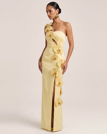 Robe longue à découpes et ornements orchidée - Jaune clair