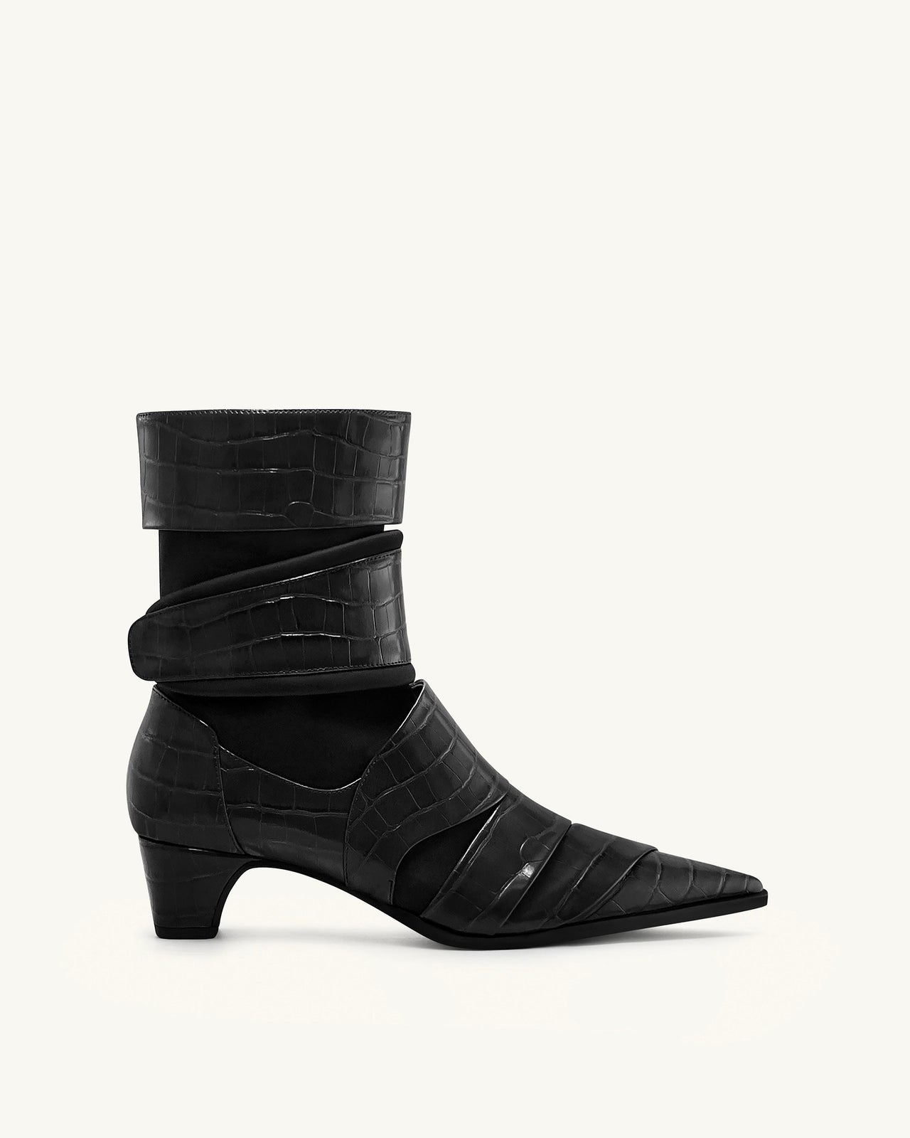 Bottines à sangle en cuir gaufré croco Emily - Noir